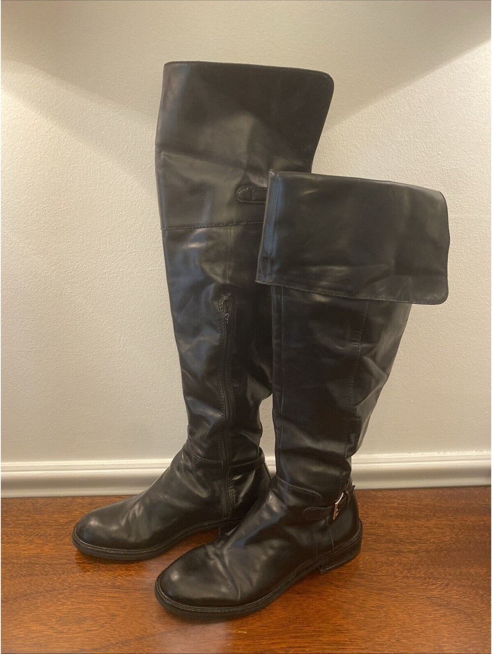 Enzo Angiolini Womens Black Leather Knee High Fold Over Riding Boots Size 7M